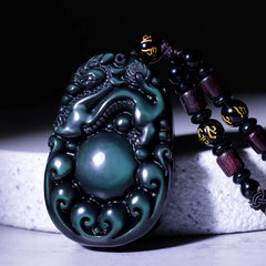 Tibetan Positive Rainbow Obsidian PiXiu Necklace