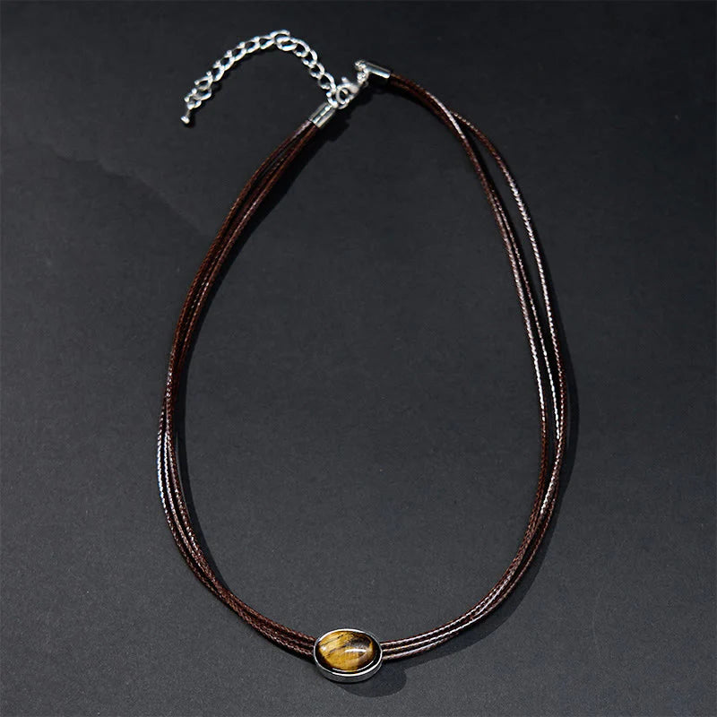 Natural Tiger Eye Ellipse Protection Wax Rope Necklace Pendant