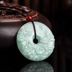 Round Jade Peace Buckle Peony Flower Abundance Necklace Pendant