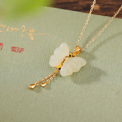 925 Sterling Silver Plated Gold White Jade Butterfly Blessing Necklace Pendant