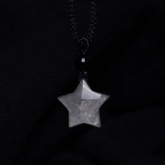 Natural Silver Sheen Obsidian Star Crescent Moon Protection Necklace Pendant