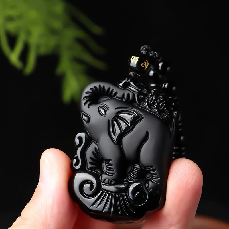 Black Obsidian Elephant Protection Necklace Pendant Keychain