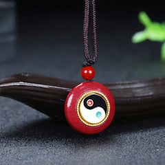 Natural Cinnabar Yin Yang Design Braided Necklace Pendant