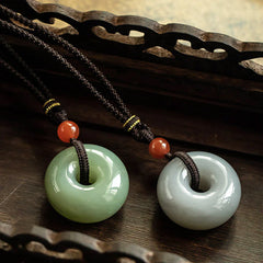 Natural Round Gray Jade Peace Buckle Luck Necklace Pendant