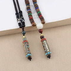 Tibetan Om Mani Padme Hum Dzi Bead Wenge Wood Necklace Pendant