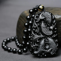 Black Obsidian Koi Fish Engraved Beaded Necklace Pendant