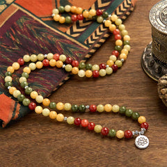 108 Mala Beads Natural Colored Stone Bracelet with Topaz, Red Jasper, Green Jasper and Lotus Design