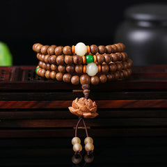 108 Mala Beads Peach Wood Bodhi Seed Lotus Prayer Meditation Bracelet