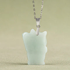 925 Sterling Silver Jade Fortune Cat Prosperity Necklace Pendant