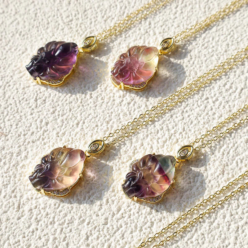 Natural Colorful Fluorite Nine-Tailed Fox Protection Necklace Pendant