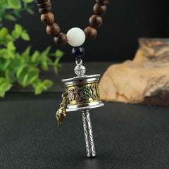 Tibetan Om Mani Padme Hum Prayer Wheel Rotating Vajra Wood Necklace Pendant
