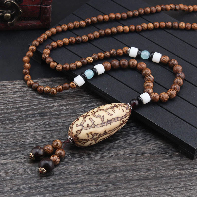 Tibetan Wenge Wood Bodhi Seed Agate Balance Peace Necklace Pendant