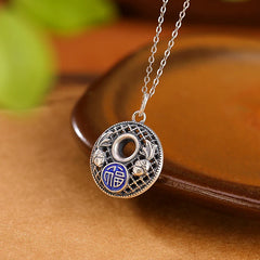 999 Sterling Silver Koi Fish Fu Character Lotus Peace Buckle Wealth Necklace Pendant