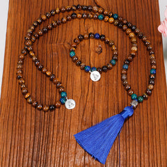 108 Mala Beads Tiger Eye Bracelet Tassel Necklace Pendant