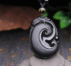 Natural Black Obsidian PiXiu Oval Pattern Necklace Pendant