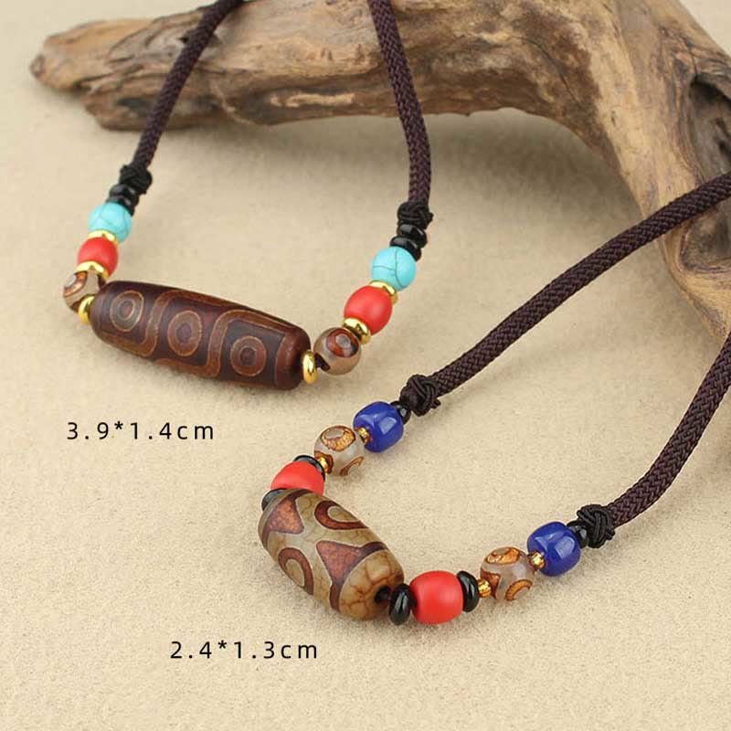 Tibetan Nine-Eye and Three-Eyed Dzi Bead Protection String Necklace Pendant