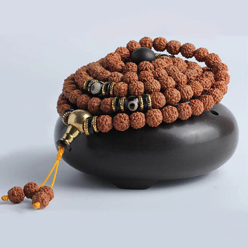 108 Mala Beads Bracelet with Rudraksha, Bodhi Seed, and Dzi Bead for Luck and Wealth
