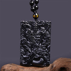 Black Obsidian Engraved Strength Amulet Necklace Pendant