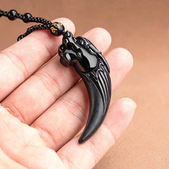 Natural Black Jade Chinese Zodiac Dragon Tooth Pattern Protection Necklace Pendant