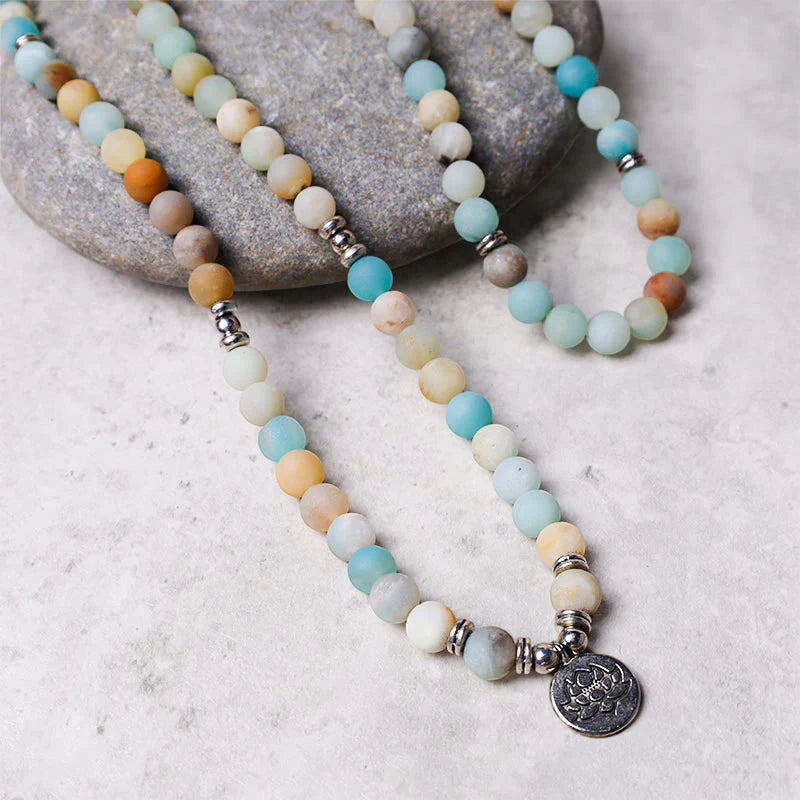 Tibetan Amazonite Stone Blessing Lotus Prayer Beads