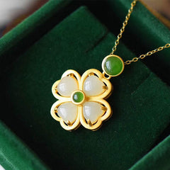 925 Sterling Silver Lucky Four Leaf Clover Jade Prosperity Necklace Pendant