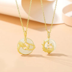 925 Sterling Silver Year of the Dragon Hetian Jade Golden Dragon Phoenix Peace Buckle Luck Necklace Pendant