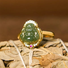 Natural Hetian Jade Egg Gourd Copper Laughing Buddha Luck Ring