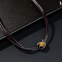 Natural Tiger Eye Ellipse Protection Wax Rope Necklace Pendant