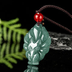 Natural Green Jade Nine Tailed Fox Luck Necklace Pendant