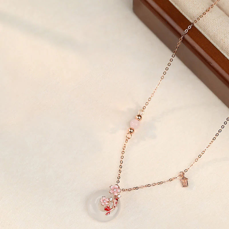 Chalcedony Pink Crystal 925 Sterling Silver Flowers Koi Fish Peace Buckle Necklace Pendant