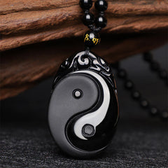 Natural Black Obsidian Yin Yang Pendant Necklace