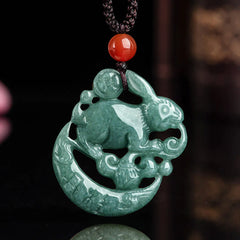 Year of the Rabbit Jade Crescent Moon Luck Necklace Pendant