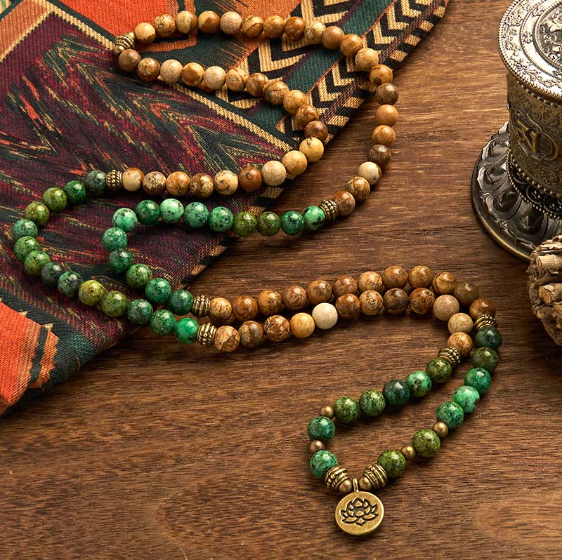 108 Mala Beads Natural Stone Picture Jasper Turquoise Lotus Bracelet