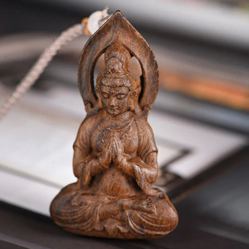Agarwood Avalokitesvara Carved Peace Necklace Pendant
