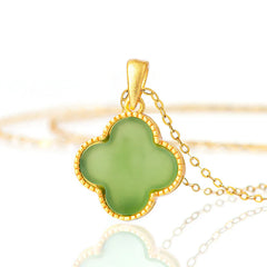 925 Sterling Silver Natural Jade Luck Four Leaf Clover Necklace Pendant
