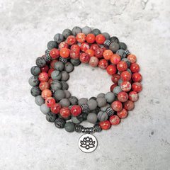 108 Mala Beads Natural Stone Sea Sediment Jasper Lotus Protection Bracelet