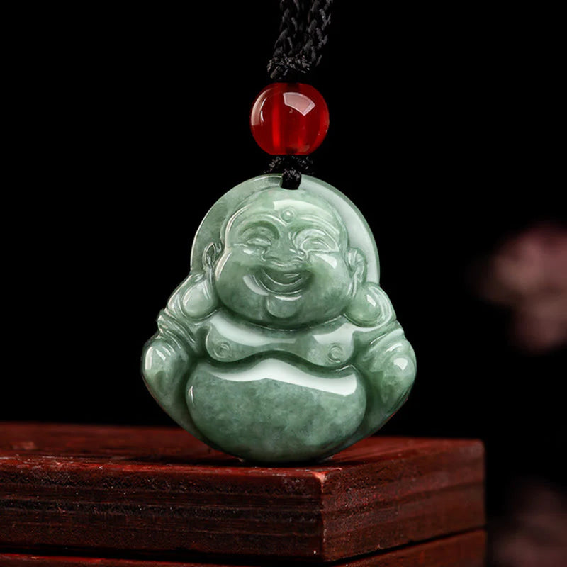 Natural Green Jade Laughing Buddha Luck and Abundance Necklace Pendant