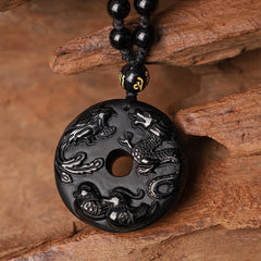 Black Obsidian Dragon Phoenix Mandarin Duck Luck Protection Necklace Pendant