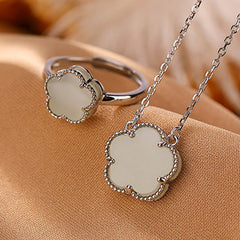 925 Sterling Silver Plated Gold Natural Jade Flower Luck Necklace Pendant Ring Set
