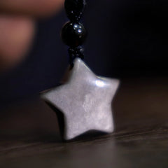 Natural Silver Sheen Obsidian Star Crescent Moon Protection Necklace Pendant