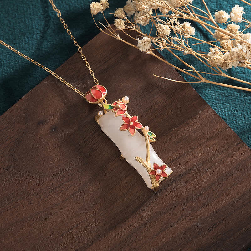 White Jade Bamboo Lotus Flowers Luck Protection Necklace Pendant