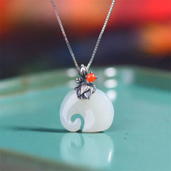 Renbeads White Jade Elephant Lotus Protection Necklace Pendant
