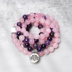 Renbeads Natural Rose Quartz & Amethyst Mala Bead Lotus Pendant Bracelet
