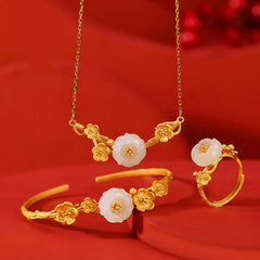 925 Sterling Silver Plated Gold Hetian Jade Plum Blossom Luck Jewelry Set