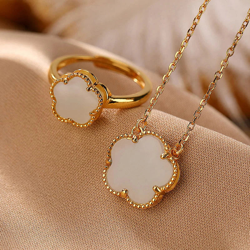 925 Sterling Silver Plated Gold Natural Jade Flower Luck Necklace Pendant Ring Set