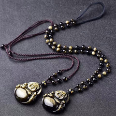 Laughing Buddha Gold Sheen Obsidian Wealth Necklace Pendant