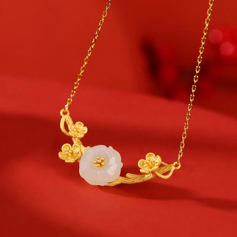 925 Sterling Silver Plated Gold Hetian Jade Plum Blossom Luck Jewelry Set