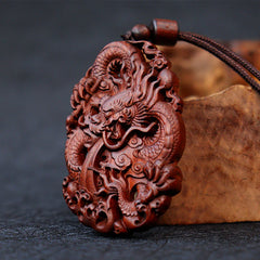 Lightning Struck Jujube Wood Double Dragon Relief Necklace Pendant for Warding Off Evil
