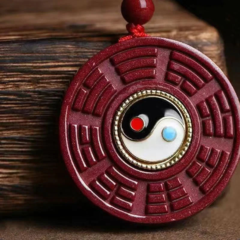 Natural Cinnabar Bagua Rotatable Yin Yang Anti-Evil Necklace Pendant