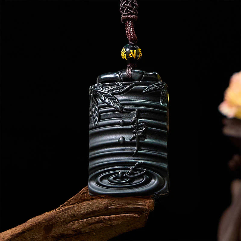 Natural Black Obsidian Bamboo Fulfillment Necklace Pendant